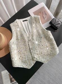 SHEIN LUNE 1 chiếc áo sơ mi vải tuýt không tay đính sequin dành cho nữ - Nhiều màu - Xem 1