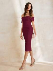 Anewsta Elegante vestido largo de fiesta con hombros descubiertos, cintura entallada y drapeado, adecuado para trajes de Navidad y Año Nuevo - Burdeos - Ver 4