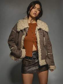 MISSGUIDED Premium Shearling Biker Jacket With Buckle Belt Winter Faux Fur Trim Warm Outerwear Aviator Style Fashion Coat - Brown - View 5
