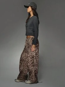 MISSGUIDED Leopard Print Cargo Pants High Waisted Wide Leg Animal Pattern Casual Pants Fall Winter Streetwear Festival Y2K Party Drawstring Waist Bottoms