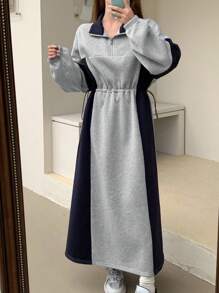 DAZY 女式休闲拼色抽绳腰长裙，秋季连衣裙 - 灰色 - 查看 4