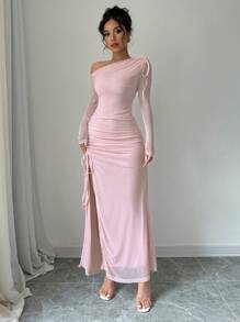 SHEIN x Carly Lawrence Elenzga 女士优雅纯色不对称领口长袖褶皱侧开衩下摆连衣裙，春夏长款女装 - 粉色 - 查看 1