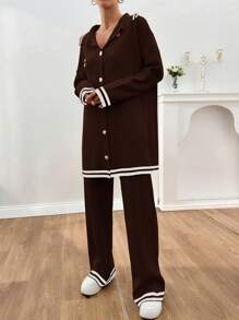 EURMUSE Women Stripe Pattern Pocket Detailed Front Button Cardigan & Sweater Pants Set - Brown - View 5