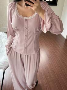 DAZY 2pcs Women Spring Pajama Set: Romantic Lace Trimmed & Patchwork Cropped Top & Straight Leg Pants - Dusty Purple - View 4