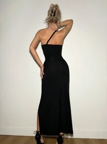 SHEIN ICON Y2k Black Sexy Fitted Asymmetrical Shoulder Hollow Drawstring High Slit Dress For Women Dress - Black - View 2