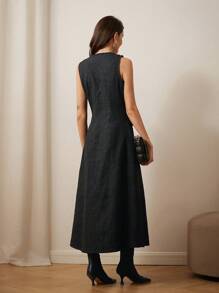 SHEIN Unity French Minimalist Versatile Glamorous Sequin Tweed Fringed Design Button Long Sleeveless Overcoat, Autumn/Winter Holiday Party Clothes  - Black - View 2