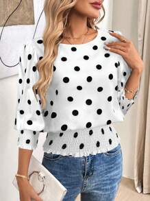 SHEIN LUNE Crew Neck Vintage Black Edged Polka Dot Print Casual Commuter Elegant Pullover Hem Ruffled Trim Shirt For Women, Autumn/Winter