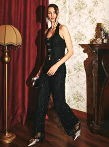 Poéselle Women's Solid Color Wide Leg Loose Luxurious Faux Pearl Embellished Pants Women Trousers Women Pants Sequined Party Trousers Black Trousers Women Dress Pantswide Leg Women Pants Winter Women Outfits Black Party Effortless Chic Essential Party Women Clothes Concert Women Outfit Prom Outfit Christmas New Year Women's Clothing Valentine's Day New Years Eve Outfit Bling Pants Women's Bottom