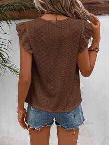 SHEIN Frenchy Eyelet Embroidery Ruffle Trim Round Neck Lace Trimmed Tee Summer Brown - Coffee Brown - View 2