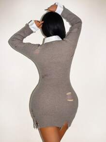 Zolique 女士圆领仿旧透明长袖毛衣连衣裙新年性感俱乐部节日派对服装女款 - 灰色 - 查看 2