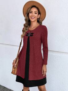 EMERY ROSE 女士纯色拼接长袖简约短款休闲连衣裙秋季女装酒红色开衫女冬连衣裙