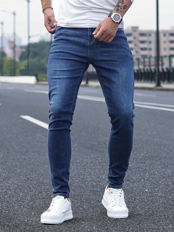 Manfinity Homme Jeans de talla grande para hombre con bolsillos delanteros y diseño sencillo, uso casual diario, jeans azul oscuro de corte ajustado, jeans cargo lavados de larga duración como regalo para esposo o novio