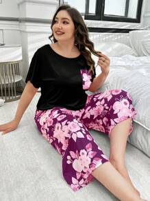 2 sztuki Plus Size Floral Print Pocket Sweter Krótki Rękaw i Spodnie 3/4 Zestaw Piżamy