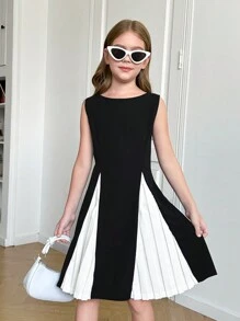 SHEIN Nova Glow Tween Girl 黑白褶皱拼接无袖圆领高腰休闲优雅连衣裙，淑女风，学院风，经典黑色连衣裙，白色，黑色，返校，情人节 - 黑與白 - 查看 7
