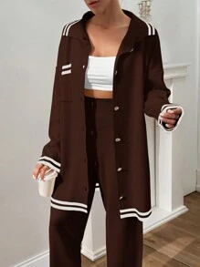 EURMUSE Women Stripe Pattern Pocket Detailed Front Button Cardigan & Sweater Pants Set - Brown - View 8