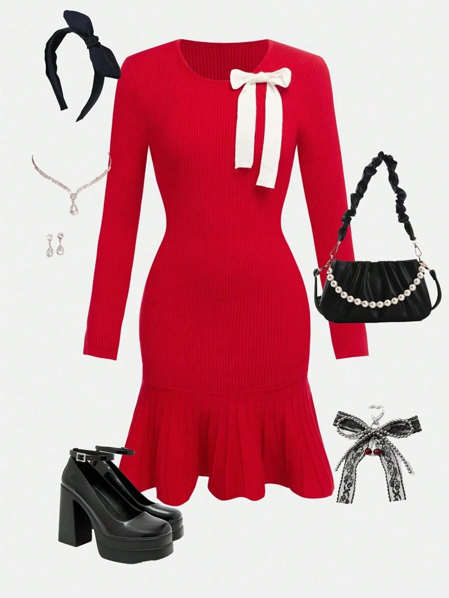 SHEIN Teengirl Red Bodycon Christmas Dress, White Bow Decor, Party Dress - Red and White - View 1