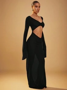 Hauture Đầm maxi dự tiệc tay dài, vạt xòe và cổ tay khoét hở. - màu đen - Xem 4