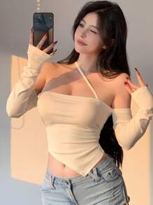 DAZY Women Solid Color Tight Lace-Up Asymmetric Crop Top Long Sleeve Women Tops Off Shoulder Top - Beige - View 5