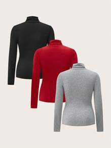 SHEIN Maternity Casual Solid Stand Collar Long Sleeve T-Shirt, Autumn - Multicolor - View 3