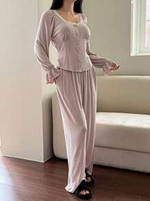 DAZY 2pcs Women Spring Pajama Set: Romantic Lace Trimmed & Patchwork Cropped Top & Straight Leg Pants - Dusty Purple - View 3