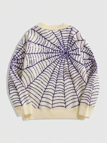 ROMWE MEN Street Life 男士蜘蛛图案圆领长袖休闲套头针织毛衣，秋冬 - 杏色 - 查看 2