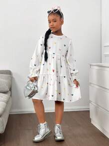 SHEIN Tween Girl Loose Casual Minimalist Comfortable Heart Print Round Neck A-Line Dress - White - View 5