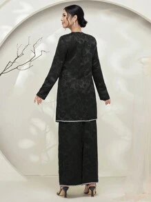 Graceveil Baju Kurung Women's Jacquard Knit Black Contrast Ruffle Trim Long Sleeve Sweater Modest