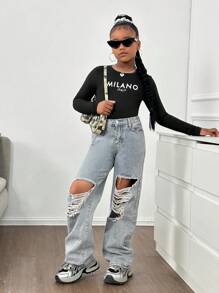 SHEIN Leap Crew Tween 女童字母印花针织圆领长袖休闲紧身 T 恤 - 黑色 - 查看 6