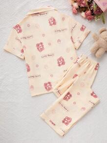Conjunto de pijama con cardigan con cuello vuelto y estampado de osos para mujeres - Albaricoque - Ver 2