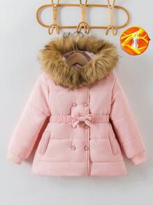 Abrigo acolchado negro con cuello esponjoso y cinturón con moño para niñas jóvenes - Rosa - Ver 1