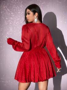 Viva Relle Plus Size Women V-Neck Lantern Sleeve Ruched Waist Short Dress For New Year Clothes,Valentine - Red - View 7