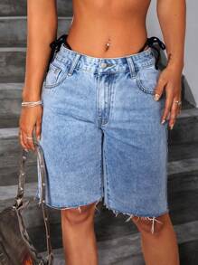 SHEIN ICON Pantalones Cortos De Pierna Recta Con Acabado Crudo Para Mujer