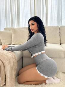 SHEIN SXY 2 Stücke grauer, warmer, weicher Cardigan und hochgeschnittene Shorts mit Spitzeneinsatz, Herbst/Winter - Grau - Übersicht 5