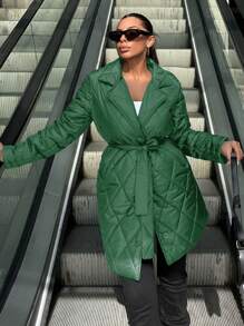 EURMUSE Women Casual Plain Diamond Quilted Padded Coat, Winter - Green - View 5