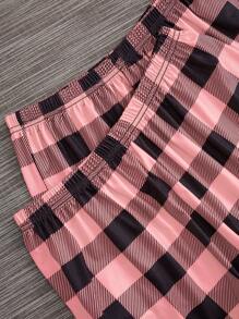 女士格子口袋短袖衬衫和短裤/长裤两件套睡衣套装，休闲 - 彩色 - 查看 5