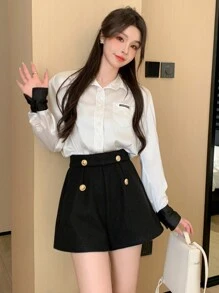 DAZY 女士纯色前扣休闲短裤，秋季、冬季日常休闲装