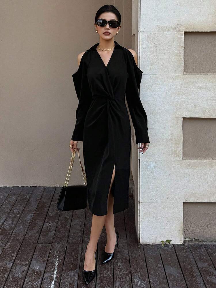 Waist Twist Cut-Out Shoulder Party Little Black Dress Midi Dress For Women, Fall Dress Long Sleeve Dress