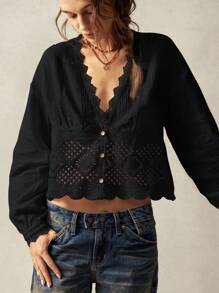 Bohemela Casual Solid Color Woven V-Neck Lantern Sleeve Lace Trim Loose Fit Women Blouse