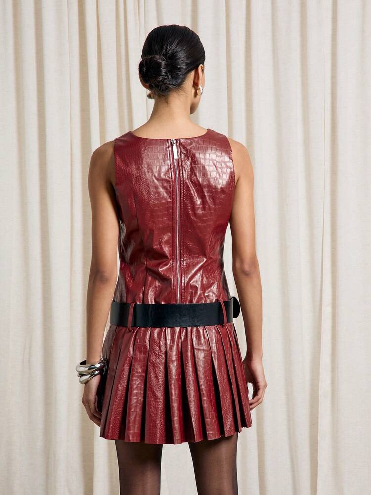 AiiRZ V Neck PU Pleated Mini Dress With Belt