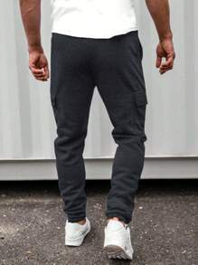 RueChic Men Letter Printed Cargo Pocket Regular Sweatpants - Dark Grey - View 2