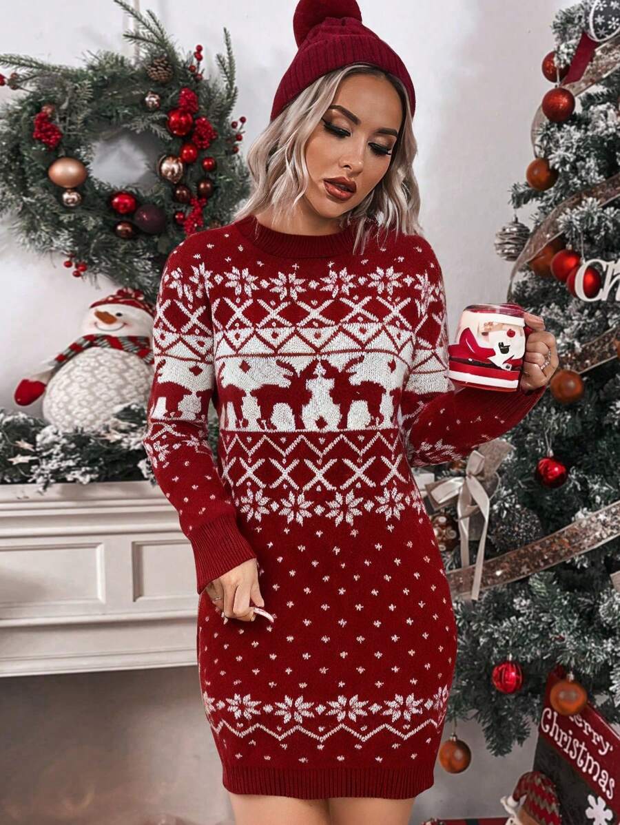 Chiquease 女士秋冬驯鹿与雪花印花圆领长袖修身优雅毛衣连衣裙新年衣服 - 紅色 - 查看 1