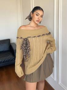 SHEIN Unity Plus Size Sexy Open Shoulder Leopard Print Ribbon Cable Knit Pullover Sweater, Autumn/Winter Knit Pullover Fall - Apricot - View 7