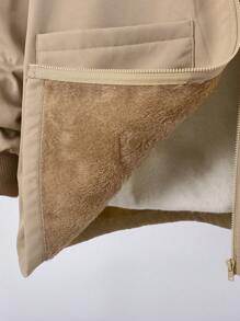 SHEIN Leap Crew Áo khoác dài vừa phải có mũ trùm đầu, khóa kéo, màu kaki, dành cho bé trai tuổi teen, lót giữ nhiệt ấm áp, chống gió, đa năng cho mọi hoạt động hàng ngày, ngoài trời, đi học, thu/đông - Màu Khaki - Xem 4