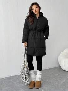 SHEIN EZwear Winter New Thick Warm Solid Color Mid-Length Drawstring Hooded Padded Coat