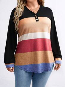 SHEIN LUNE 大码女式 V 领撞色长袖 T 恤