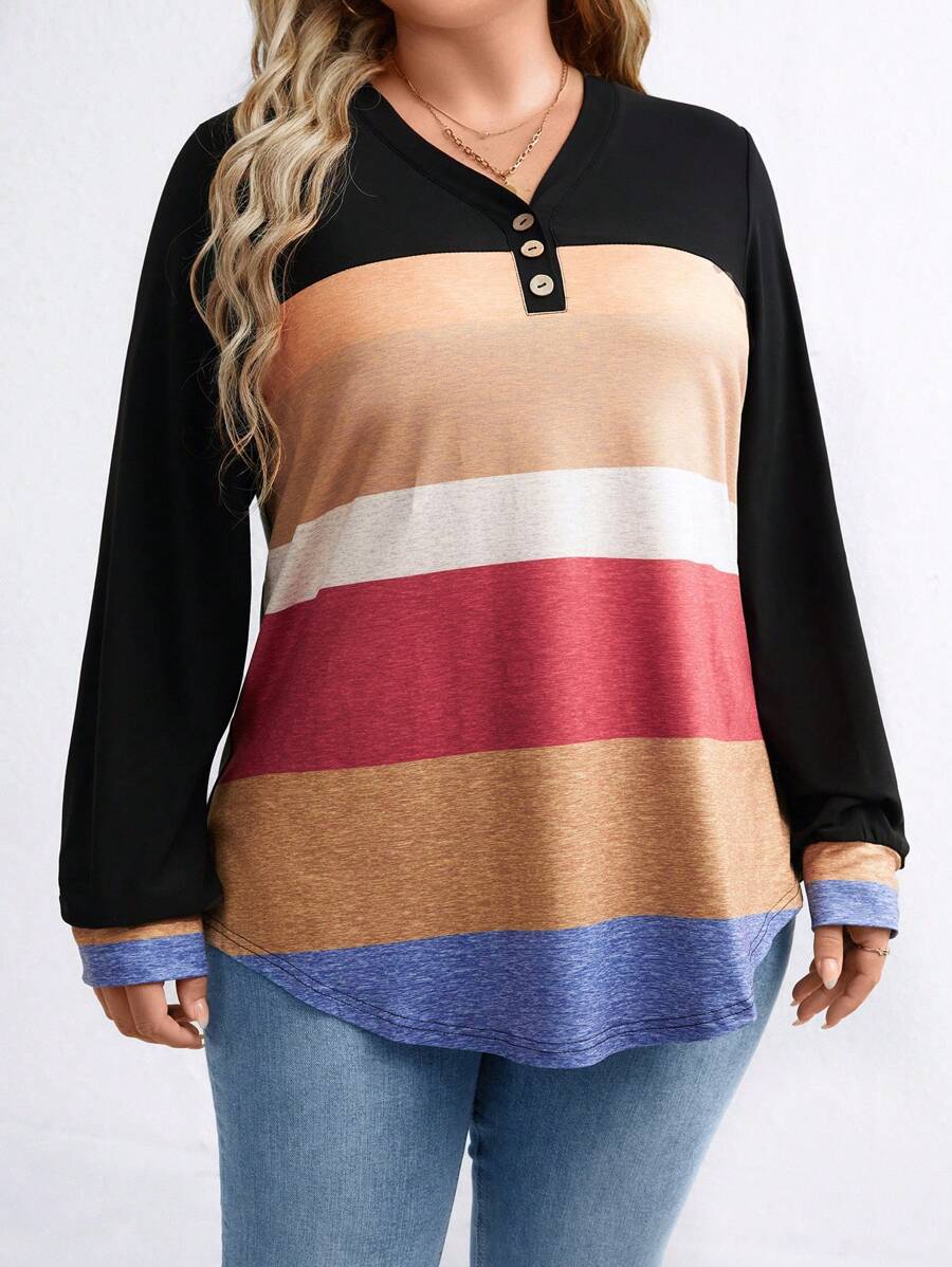 SHEIN LUNE 大码女式 V 领撞色长袖 T 恤