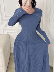 Feyla Women's Solid Color Lapel Long Sleeve Casual Long Sweater Dress In Fall/Winter - Blue - View 4