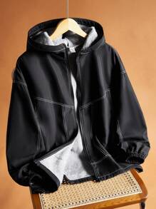 SHEIN Áo khoác hoodie có lớp lót nhiệt màu tương phản thường ngày dành cho bé trai tuổi teen, thích hợp cho mùa thu, đông, ấm áp, thường ngày, hàng ngày, thể thao, tiệc sinh nhật, đi chơi, phối đồ, đơn giản, sang trọng - màu đen - Xem 3