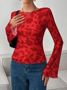 SHEIN Essnce 秋季时尚性感花卉印花系带露背喇叭袖红色长袖 T 恤 - 紅色 - 查看 5
