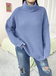 Flirla Plus Size Solid Color Turtleneck Long Sleeve Simple Pullover Sweater, Casual Everyday Wear Knit Pullover Fall Winter Sweater - Baby Blue - View 7